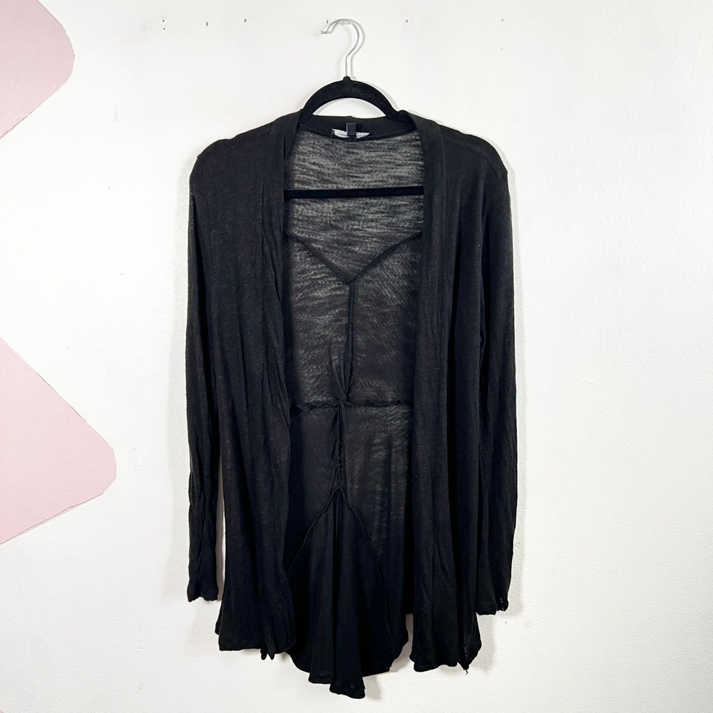 Black Linen Blend Cardigan Womens Large Open Frontā Lightweight Vacation
